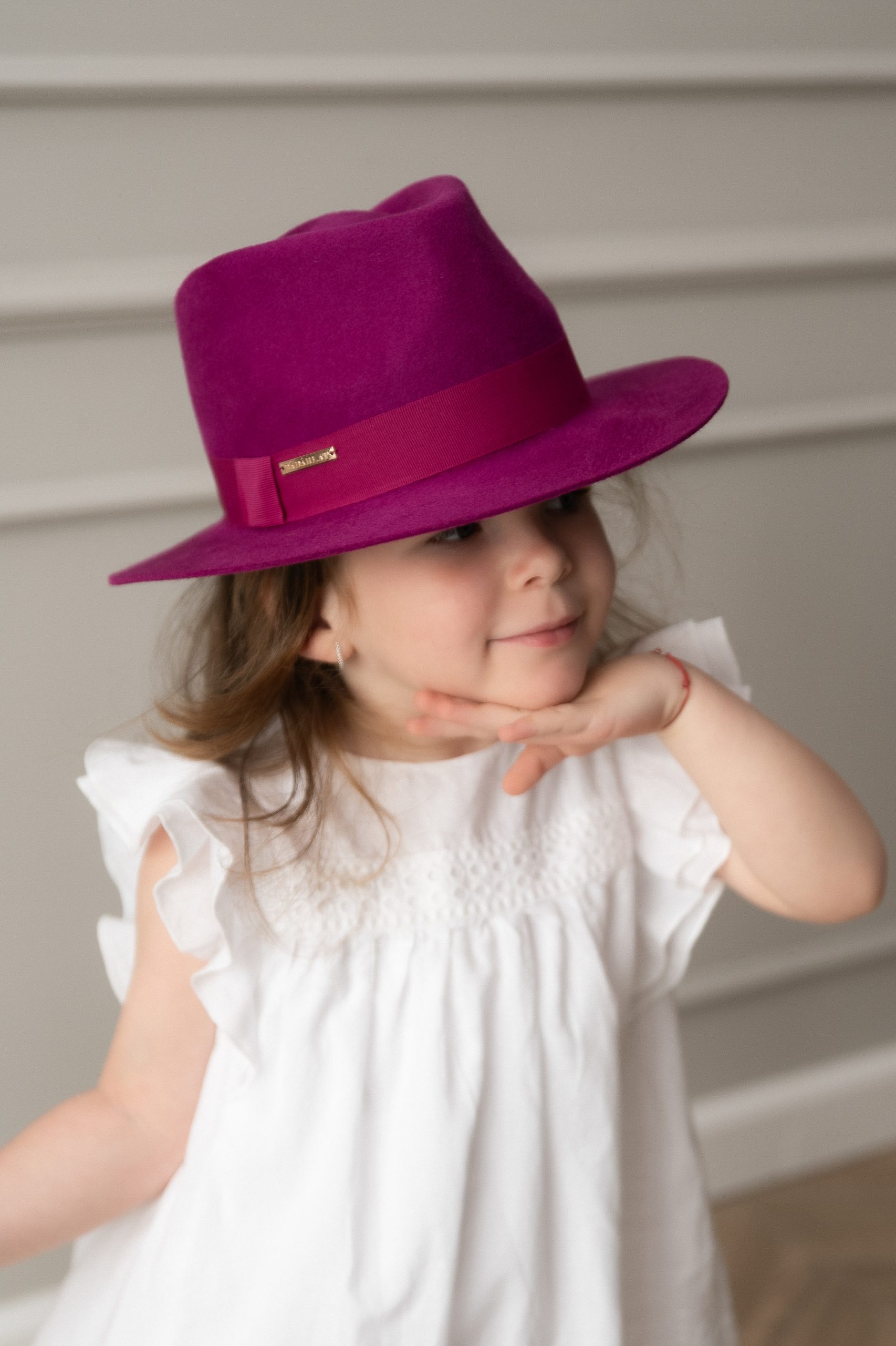 Palarie copii fetita fedora fuxia din lana cu fundiță Dadarlat