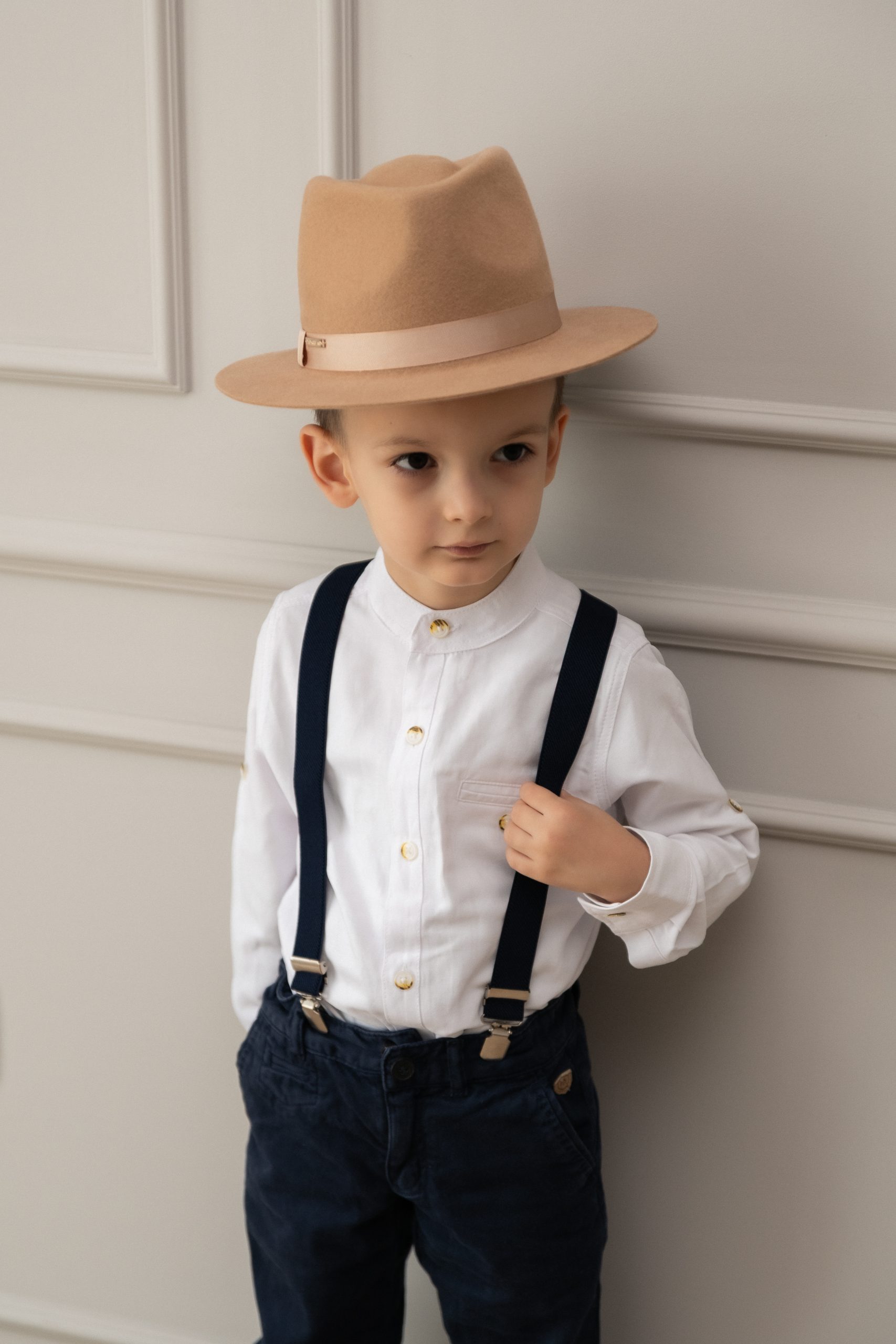 Palarie copii baietel fedora bej din lana cu fundiță Dadarlat